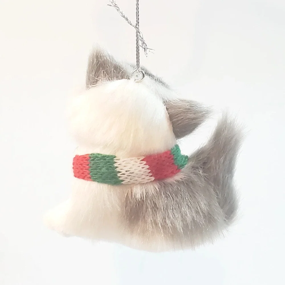 Faux Fur Kitten Miniature Christmas Ornament Cat Kitten Glass Eyes Gray & White